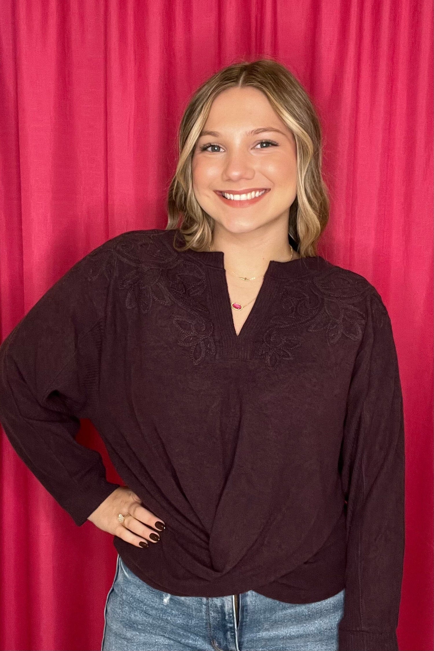 3/4 Sleeve Mandarin Collar Half Placket Twist Front Hem MISSY TOP SPECIAL DEMOCRACY 