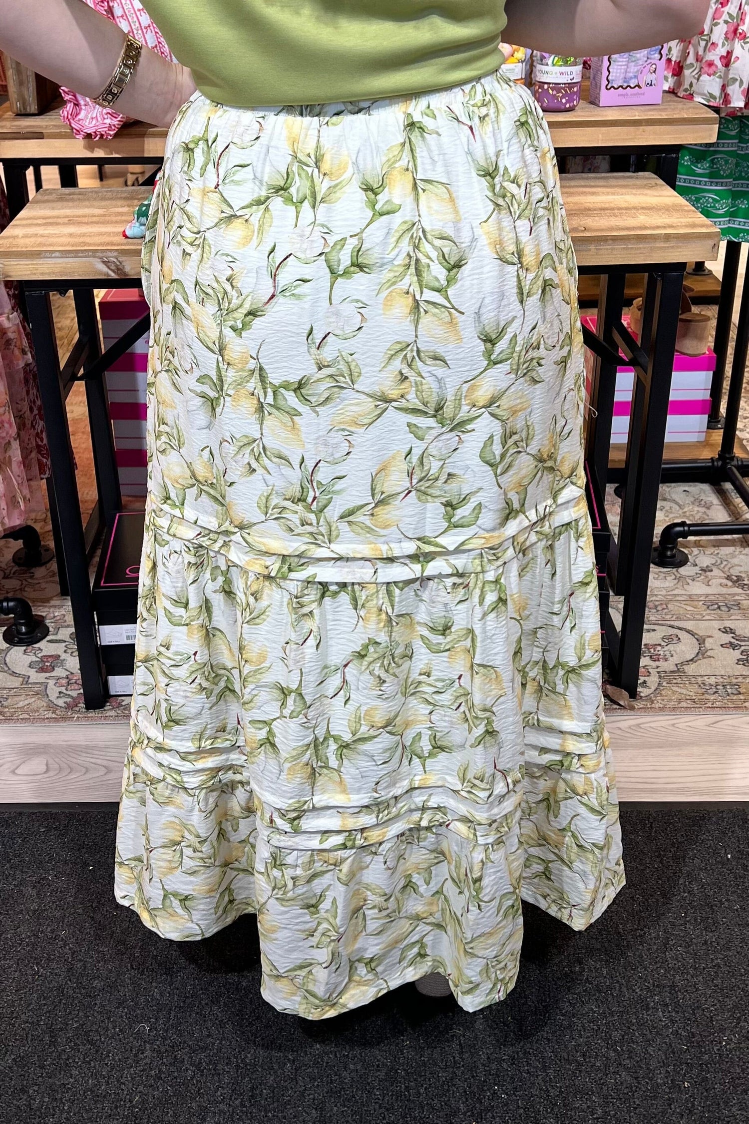 Woven Print Long Tiered Skirt w/Pleat Detail BOTTOMS SHE&amp;SKY 