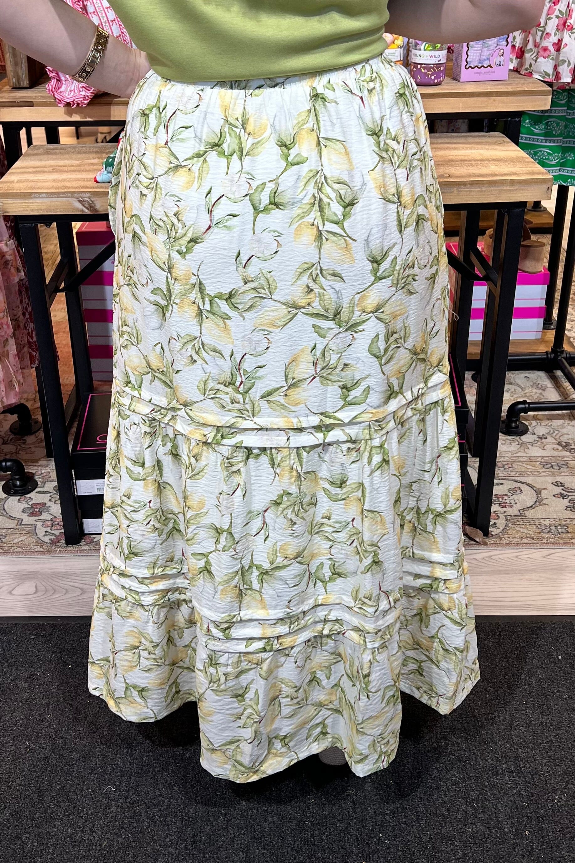 Woven Print Long Tiered Skirt w/Pleat Detail BOTTOMS SHE&amp;SKY 