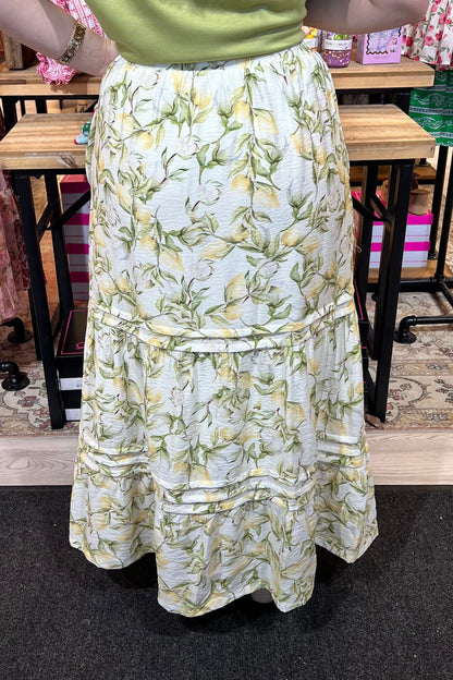 Woven Print Long Tiered Skirt w/Pleat Detail BOTTOMS SHE&amp;SKY 