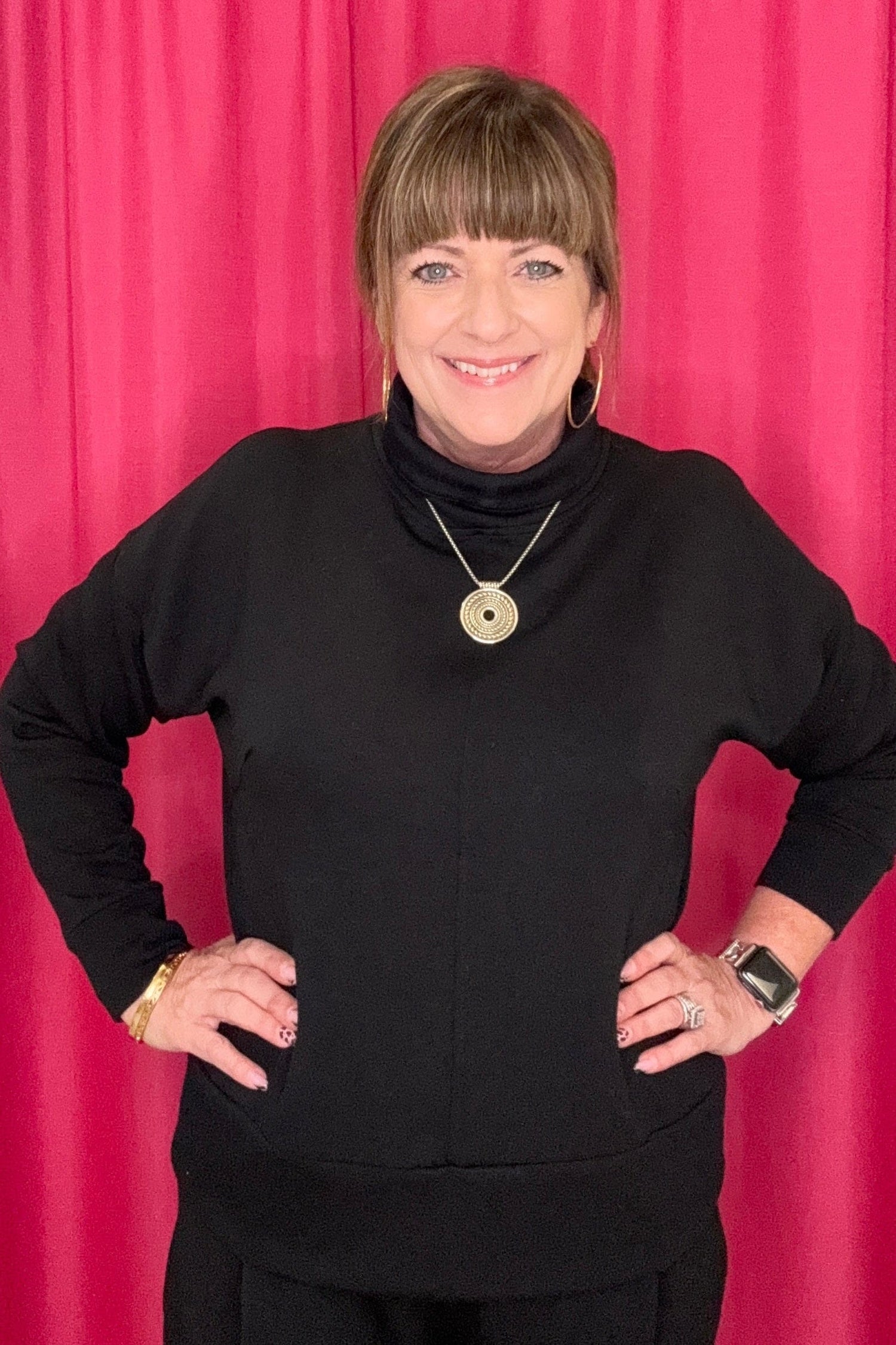 Long Sleeve Funnel Neck Top MISSY BASIC KNIT TRIBAL BLACK XS 