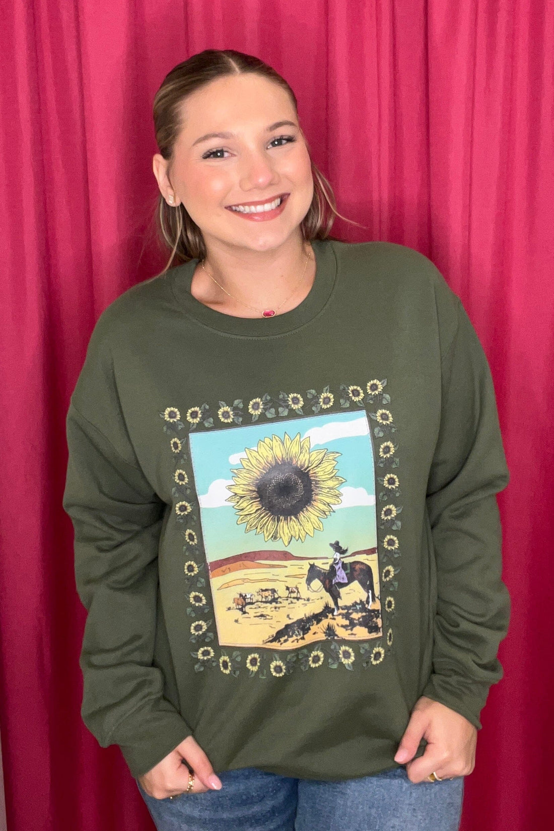 Long Sleeve Crew Neck Sweatshirt w/Sunflowers/Cowgirl MISSY BASIC KNIT STERLINGKREEK