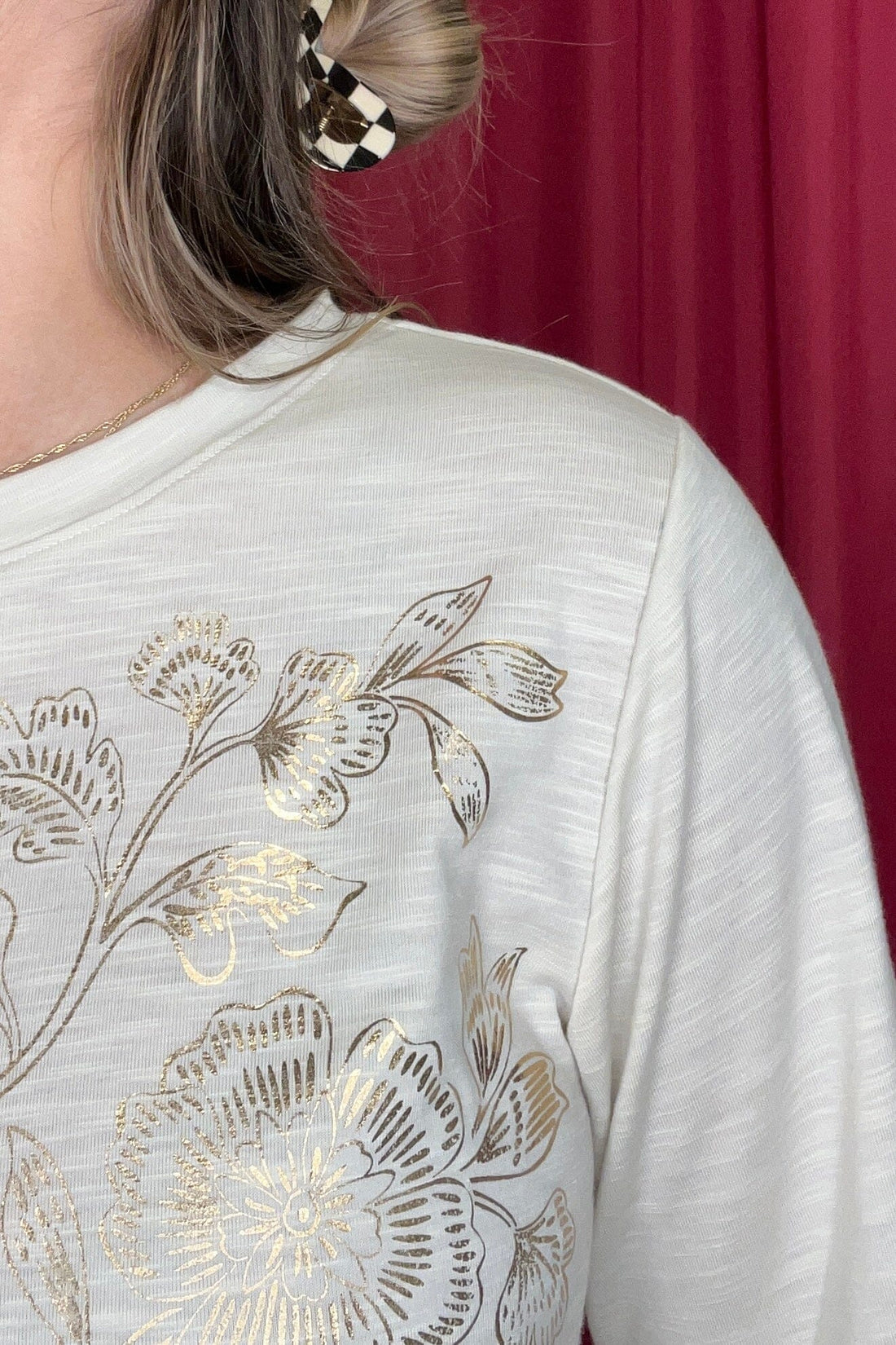 Elbow Sleeve Scoop Neck Fog Foil Screened Knit Top MISSY TOP SPECIAL DEMOCRACY 