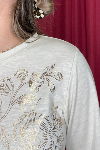 Elbow Sleeve Scoop Neck Fog Foil Screened Knit Top MISSY TOP SPECIAL DEMOCRACY 