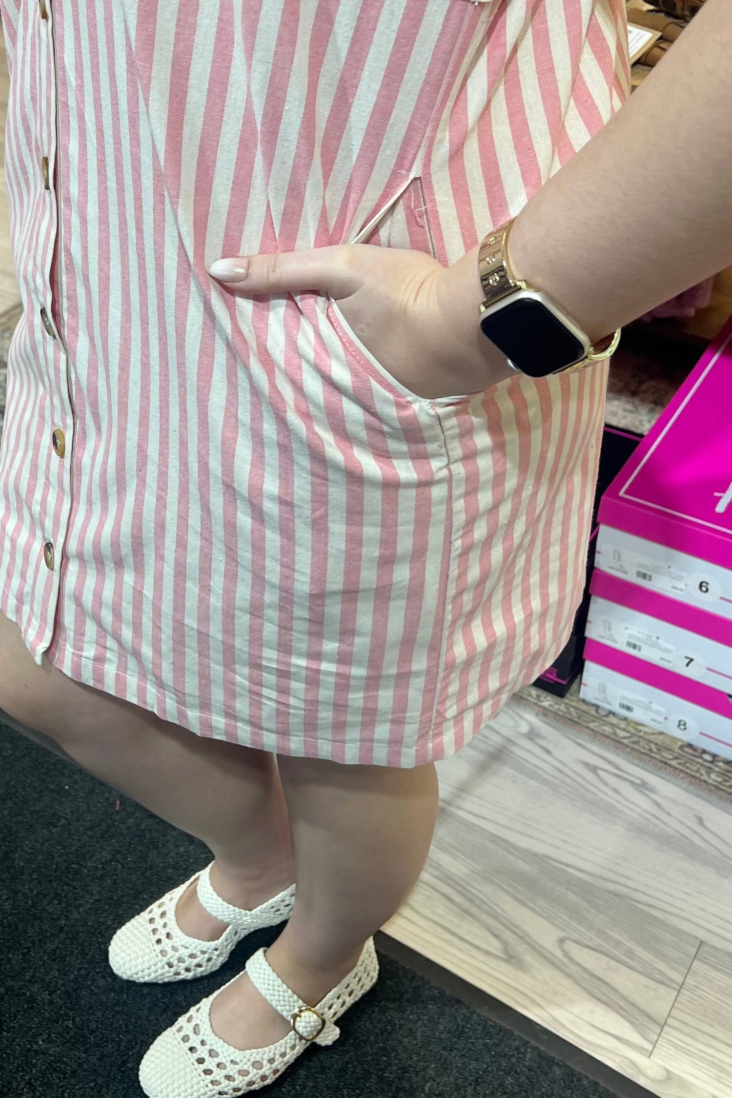 Drop Sleeve Woven Stripe Collared Button Down Mini Dress DRESS SHE&amp;SKY 