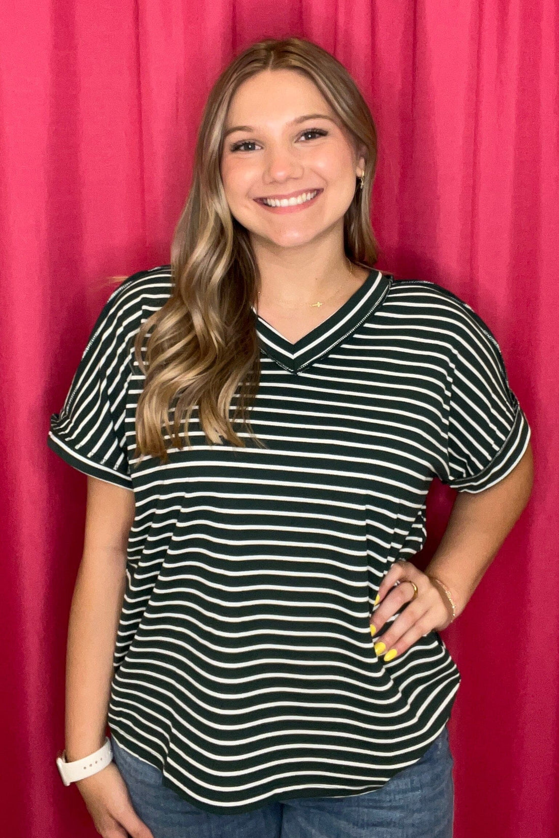 Short Sleeve V-Neck Striped Top JRTOP CASUAL TOP SOUTHERN GRACE 
