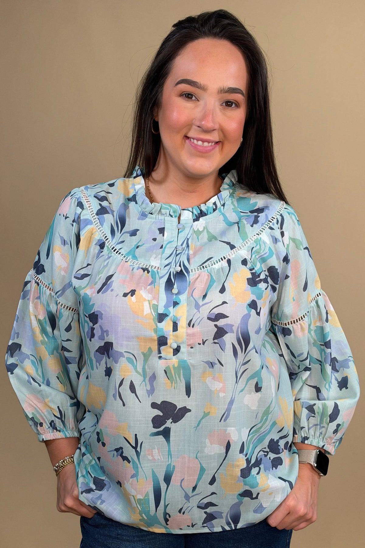 3/4 Sleeve Printed Top w/Ruffle Collar MISSY TOP SPECIAL KEREN HART 