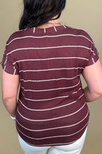 Striped V Neck Cuff Sleeve Top - Burgundy JRTOP CASUAL TOP:~~Unassigned~~ BLUPEPPER 