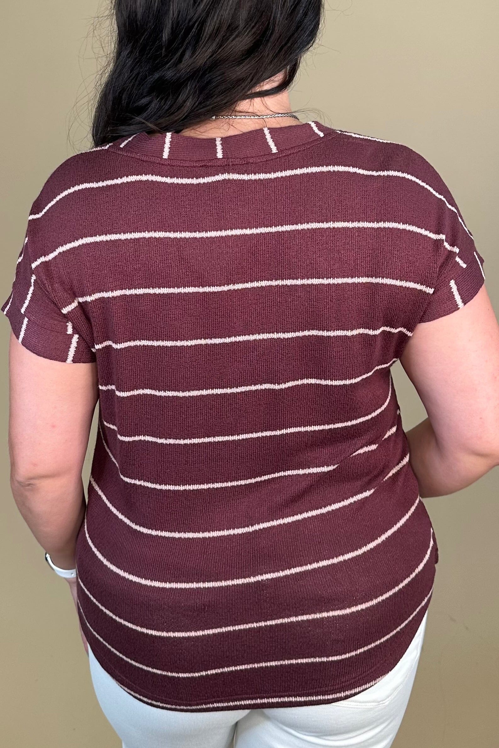 Striped V Neck Cuff Sleeve Top - Burgundy JRTOP CASUAL TOP:~~Unassigned~~ BLUPEPPER 