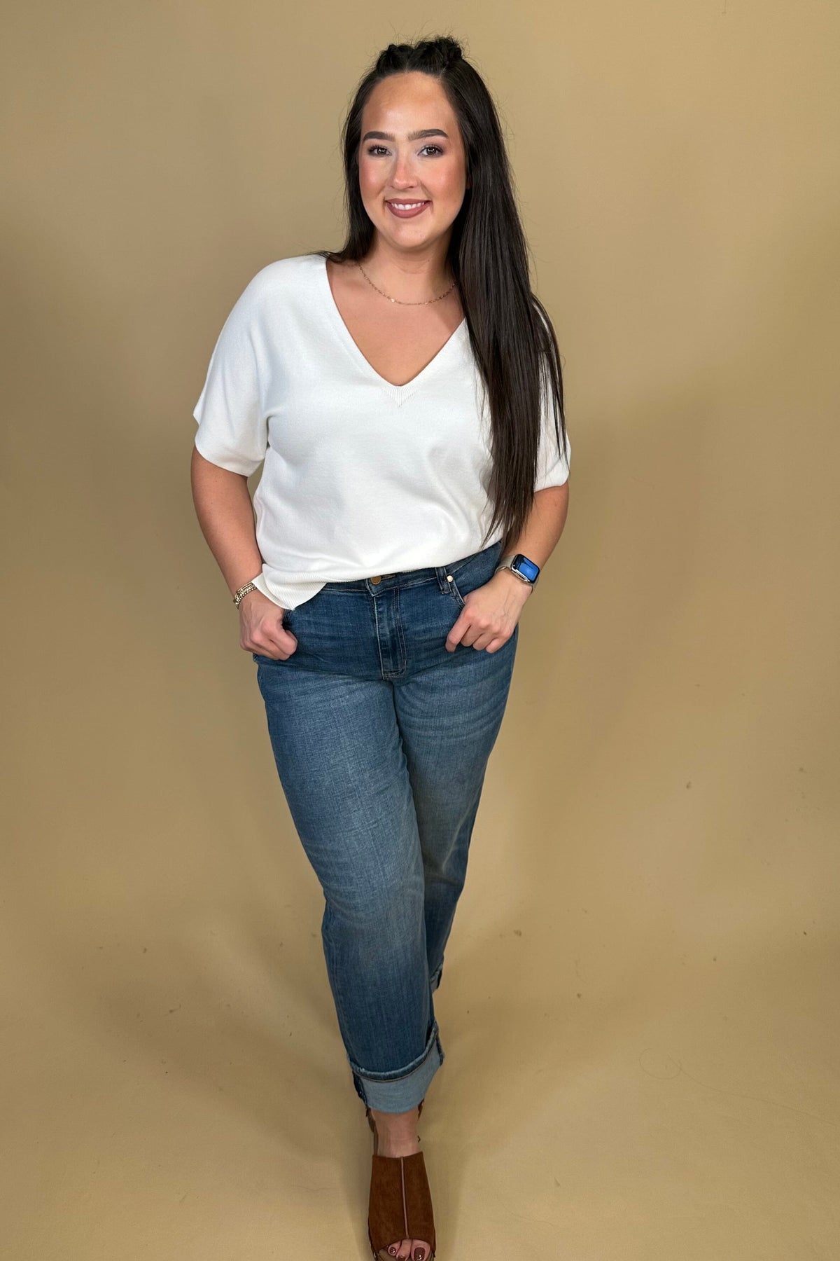 Short Sleeve V-Neck Dolman Sweater - Whipped Cream MISSY BASIC KNIT:LPTRUNKFALL26 LIVERPOOL 