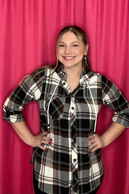 Long Sleeve Flannel Button Down w/Hood MISSY TOP SPECIAL KEREN HART 