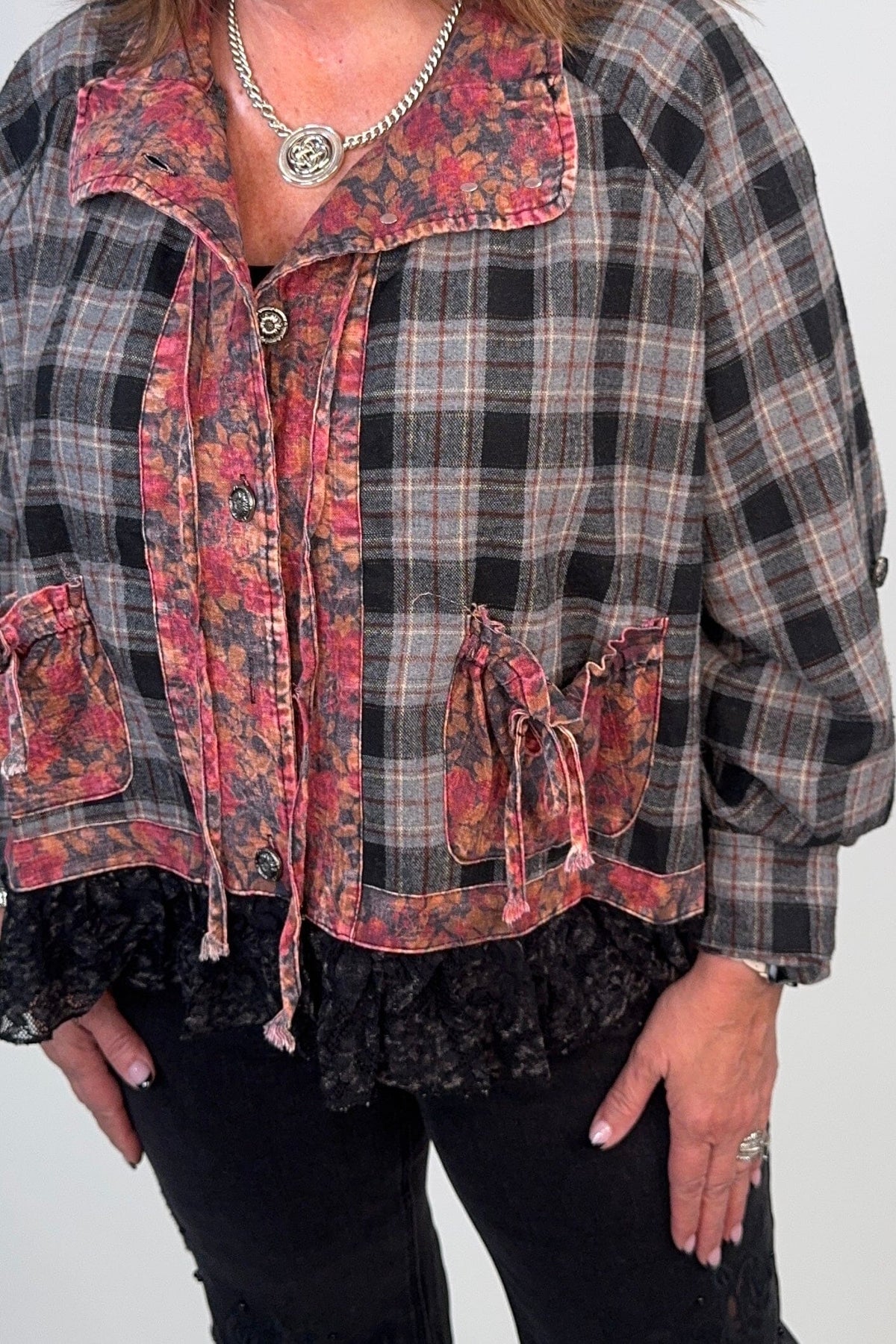 Lace Detail Plaid Jacket JRTOP CASUAL TOP:~~Unassigned~~ POL CLOTHING 