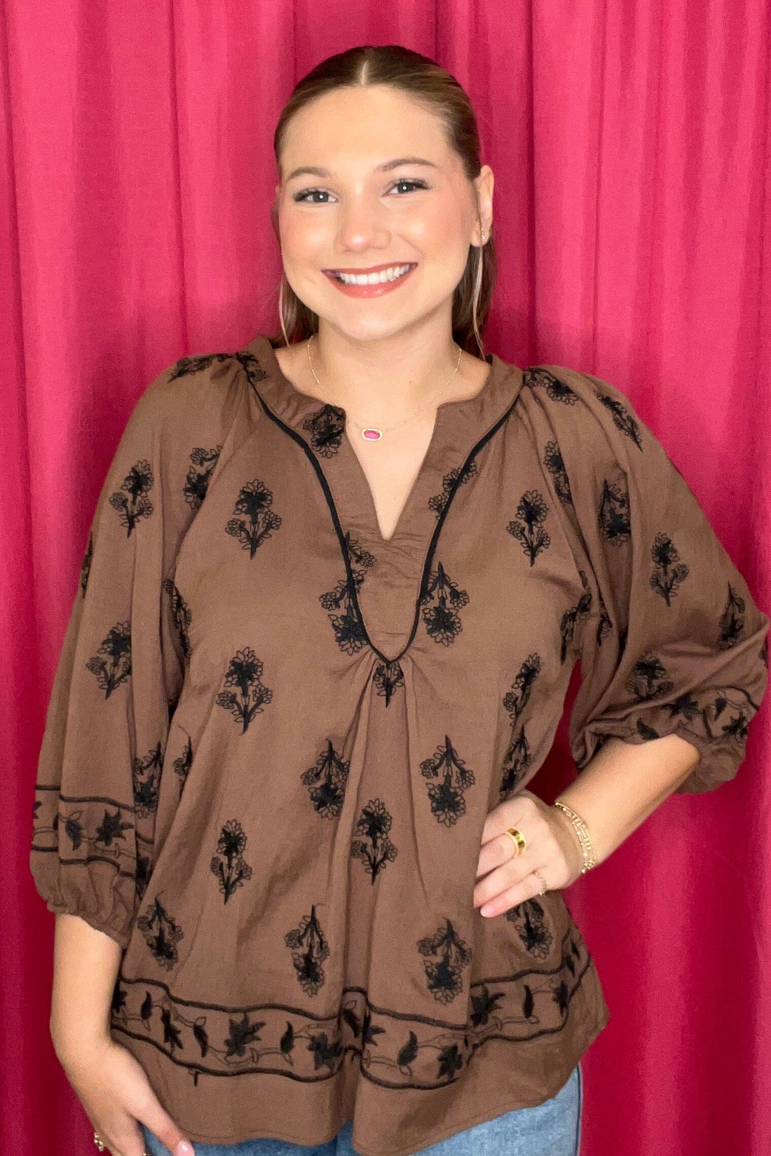 3/4 Puff Sleeve V-Neck Textured Top JR TOP DRESSY UMGEE 