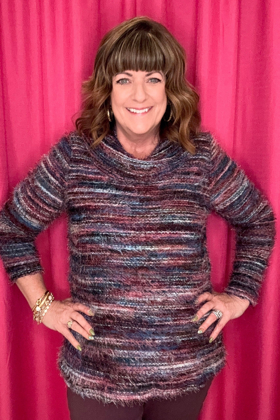 Long Sleeve Cowl Neck Eyelash Top SWEATER CREATION 
