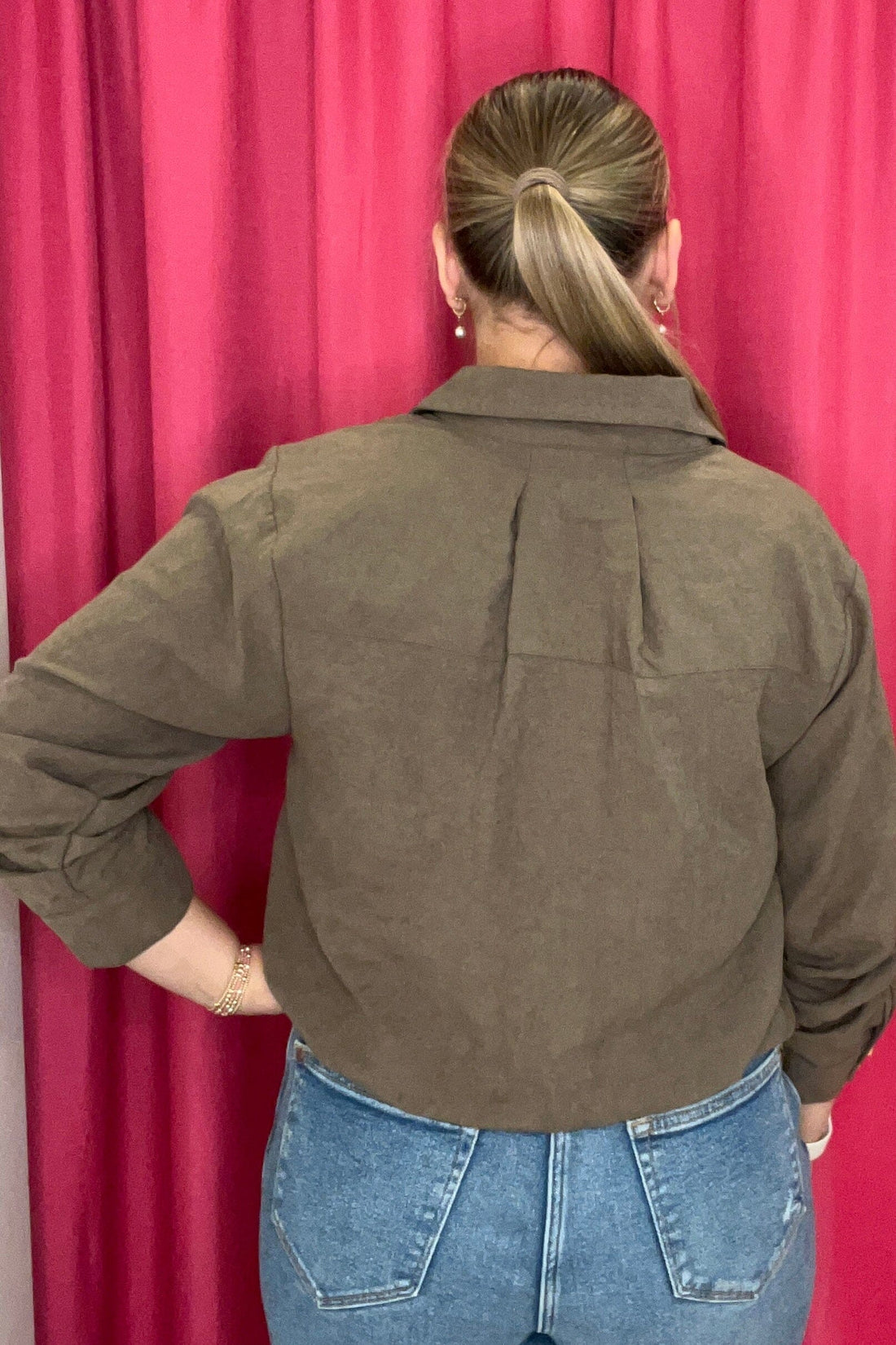 3/4 Tucked Sleeve Collar Button Down Front Pocket Shirt MISSY TOP SPECIAL DEMOCRACY 