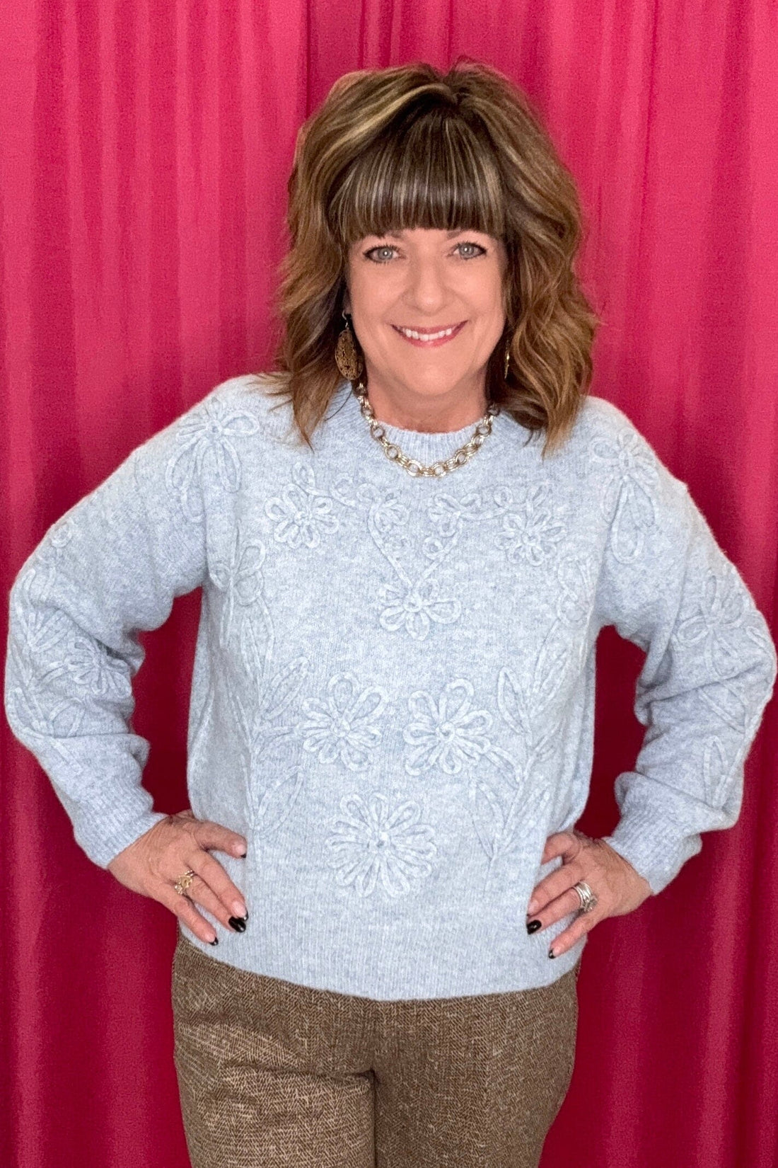 Long Sleeve Sweater w/Stitched Flowers SWEATER ALLIE &amp; ROSE BLU S 