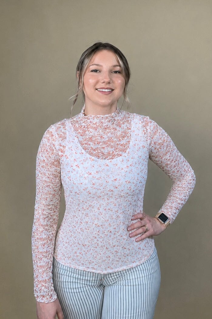Long Sleeve Floral Lace Mesh - Cream/Pink MISSY BASIC KNIT VERYJ 