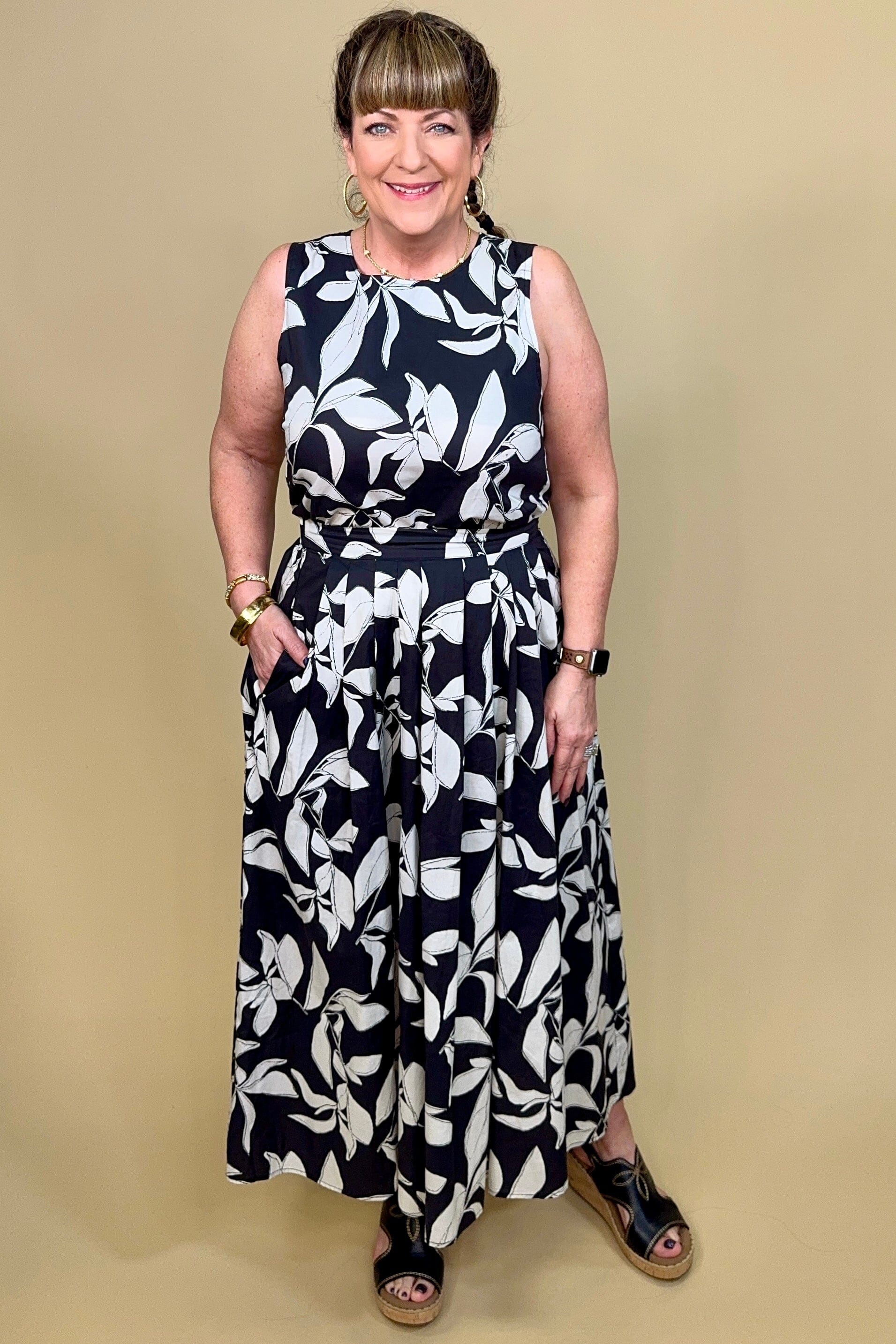 Printed Midi Skirt w/Back Elastic BOTTOMS SHE&amp;SKY 