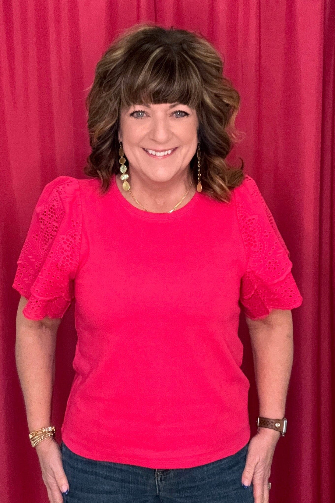 Short Sleeve Knit-to-Woven Top w/Embroidery MISSY TOP SPECIAL LIVERPOOL 