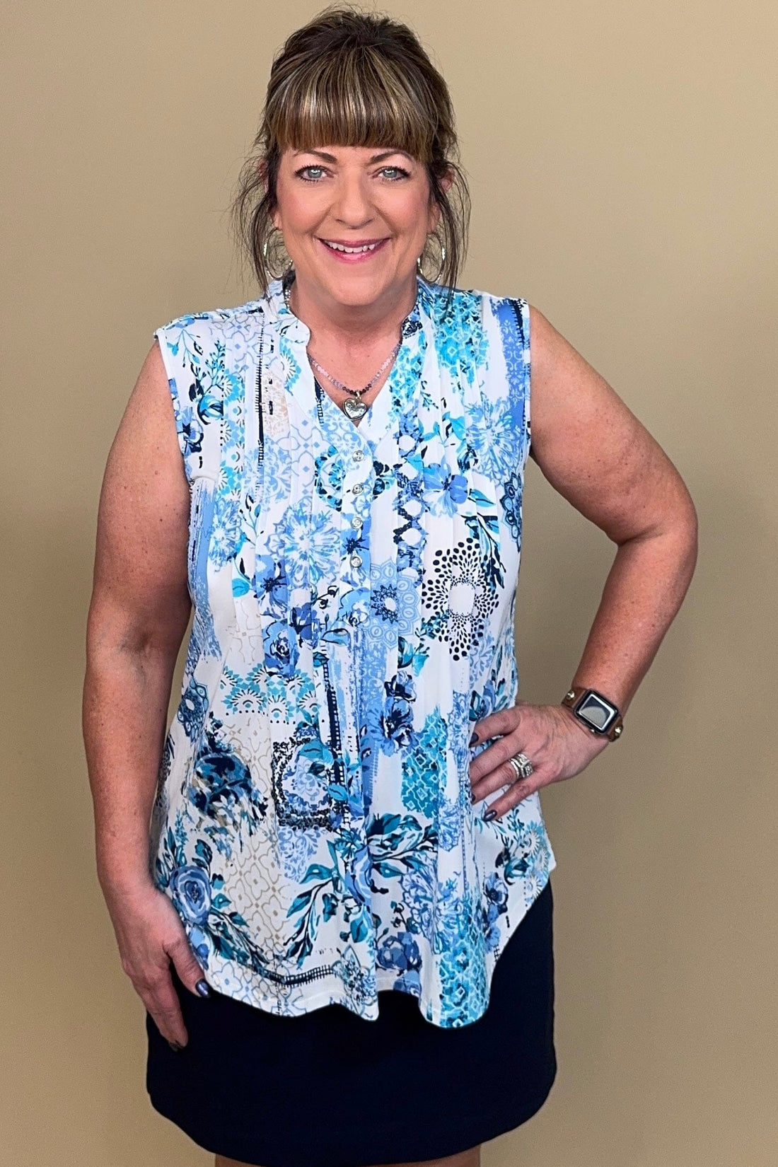 Sleeveless Printed Top w/Pleats MISSY TOP SPECIAL SOUTHERN LADY 