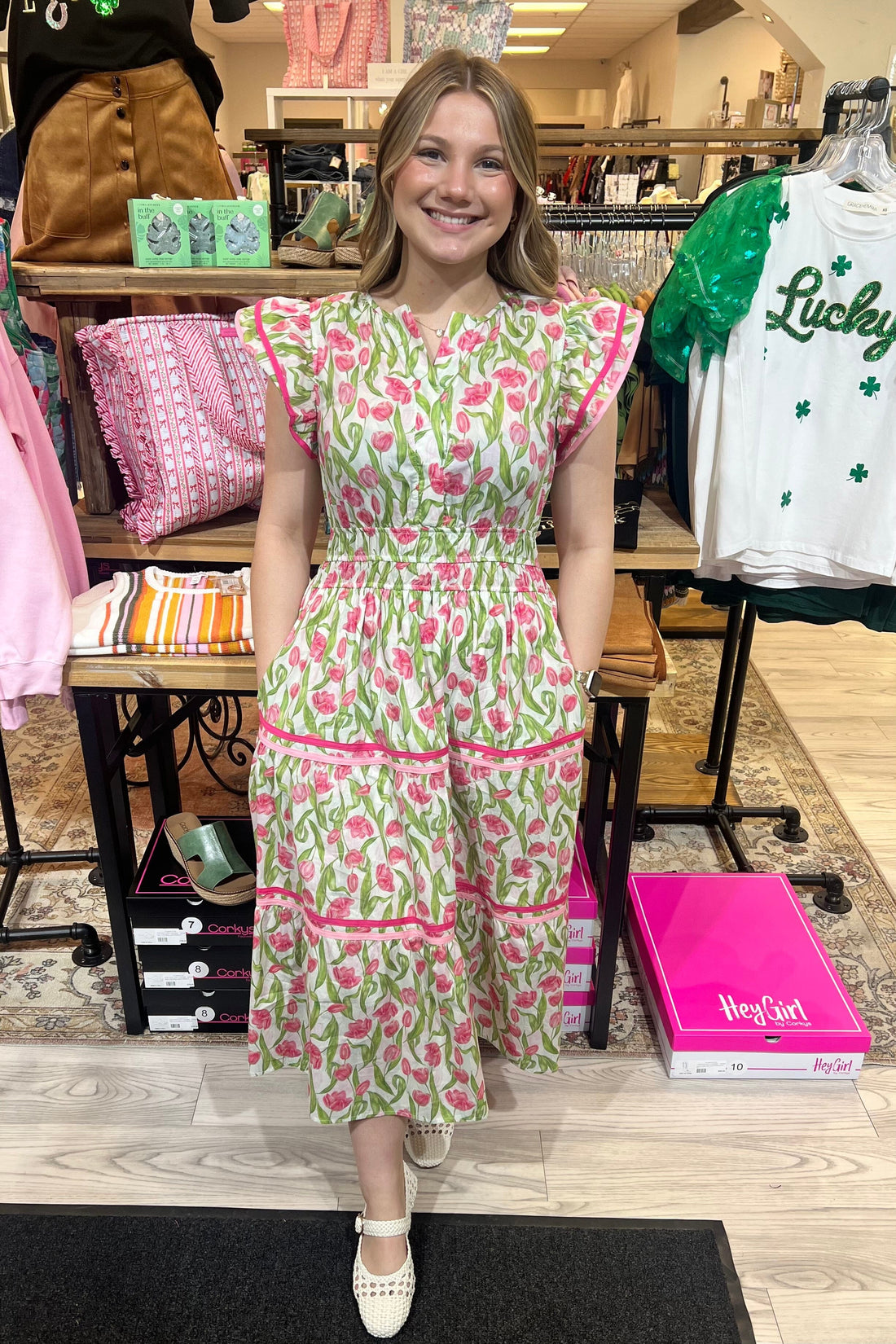 Ruffle Sleeve Woven Tulip Print Midi Dress DRESS SHE&SKY