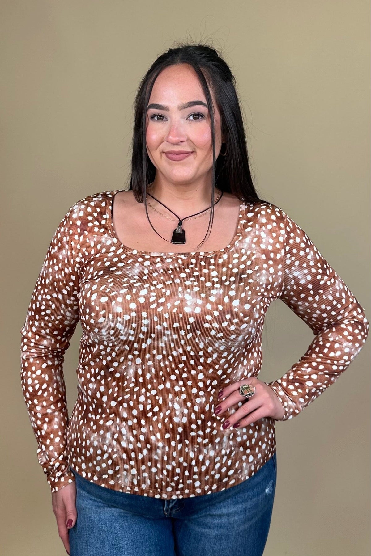 Deer Print Square Neck Top JRTOP CASUAL TOP:~~Unassigned~~ SOUTHERN GRACE 