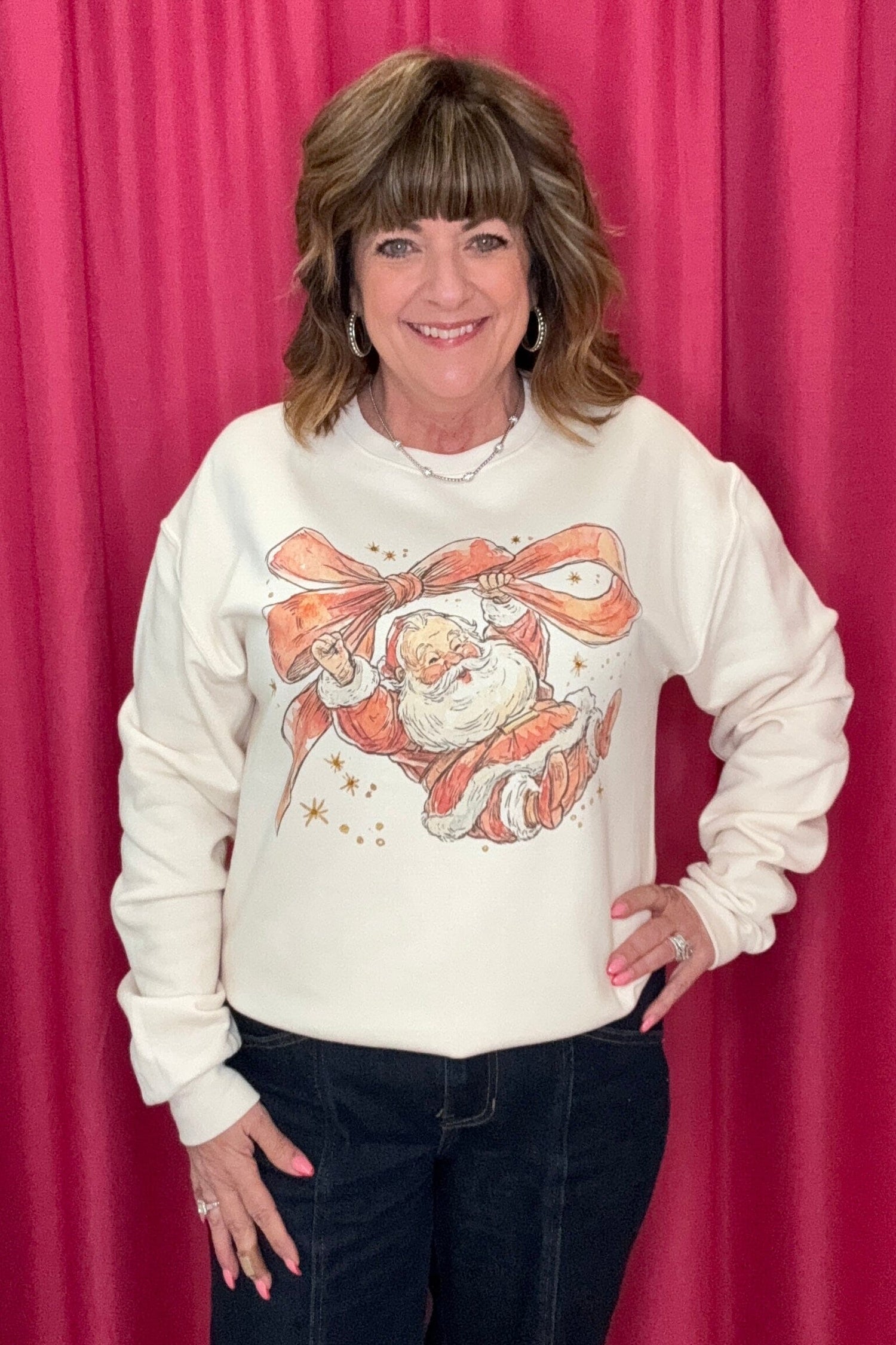 Santa Holding a Bow Sweatshirt MISSY BASIC KNIT SUGAR STITCH 