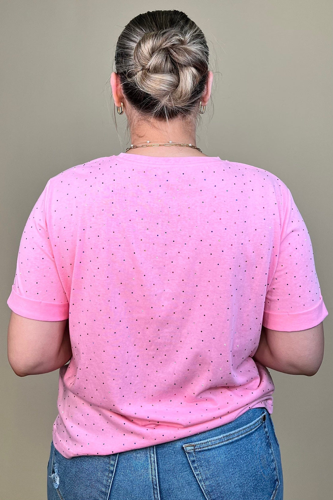 Short Rolled Sleeve Tee w/Colored Rhinestones JRTOP CASUAL TOP DAVI&amp;DANI 