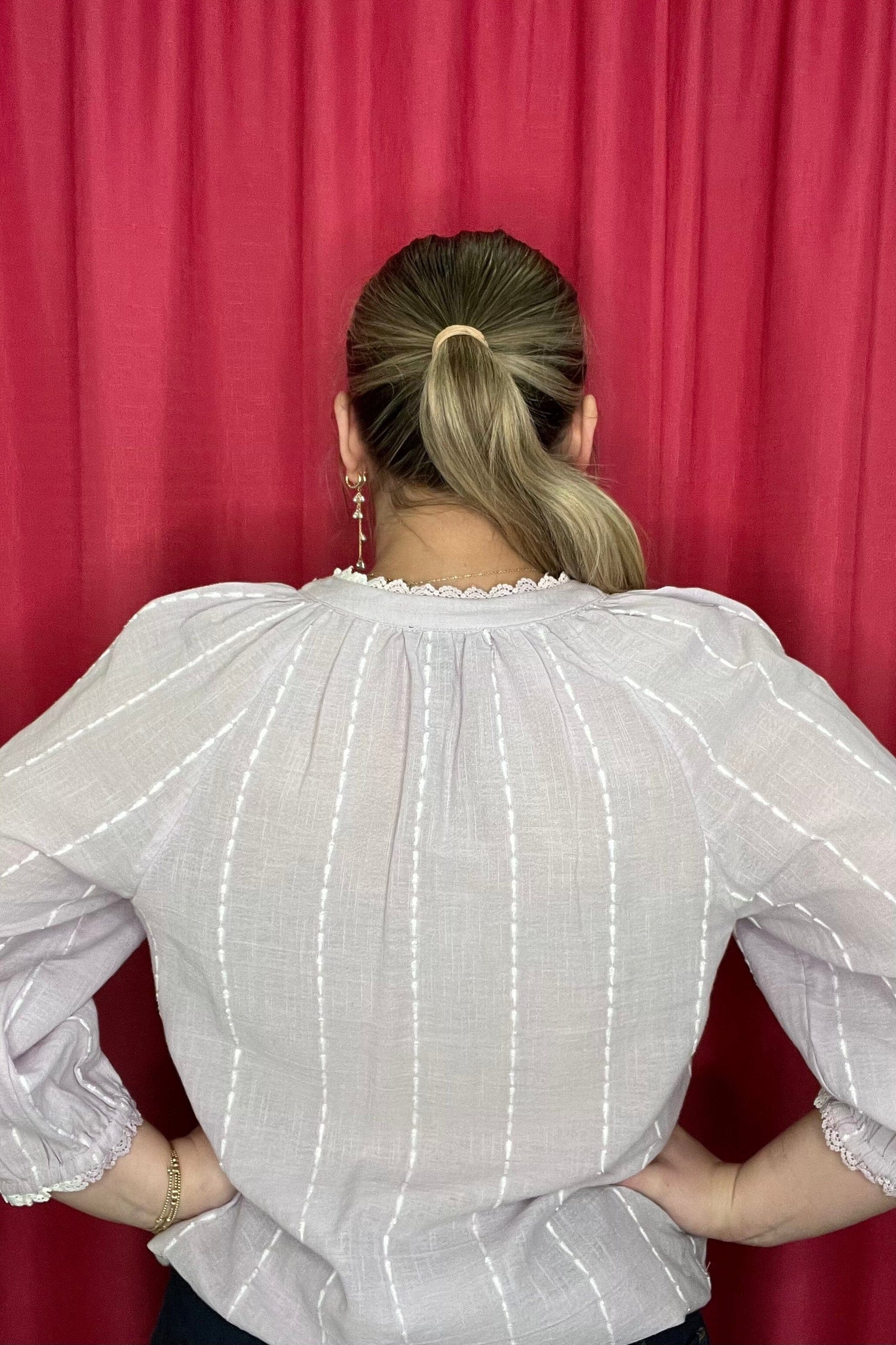 3/4 Blouson Sleeve Split Neck w/Crochet Edge Trim &amp; Woven Top MISSY TOP SPECIAL DEMOCRACY 