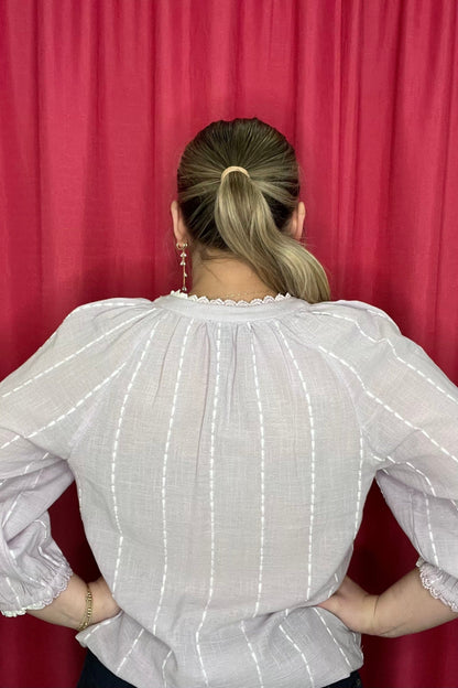 3/4 Blouson Sleeve Split Neck w/Crochet Edge Trim &amp; Woven Top MISSY TOP SPECIAL DEMOCRACY 