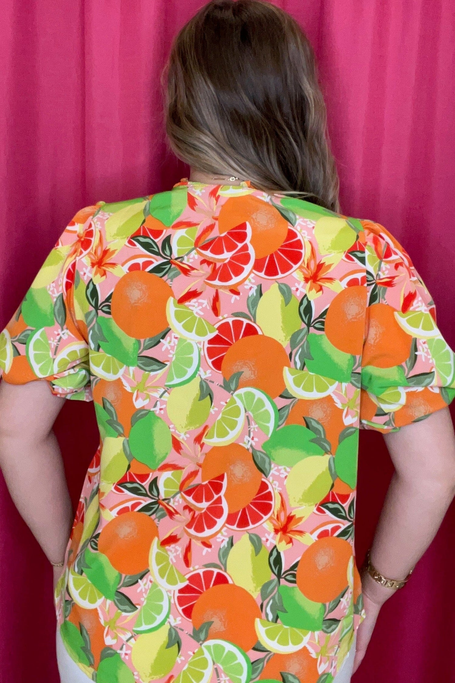 Fruit Print Boxy Cut Smoked Split Neck Top JR TOP DRESSY UMGEE 