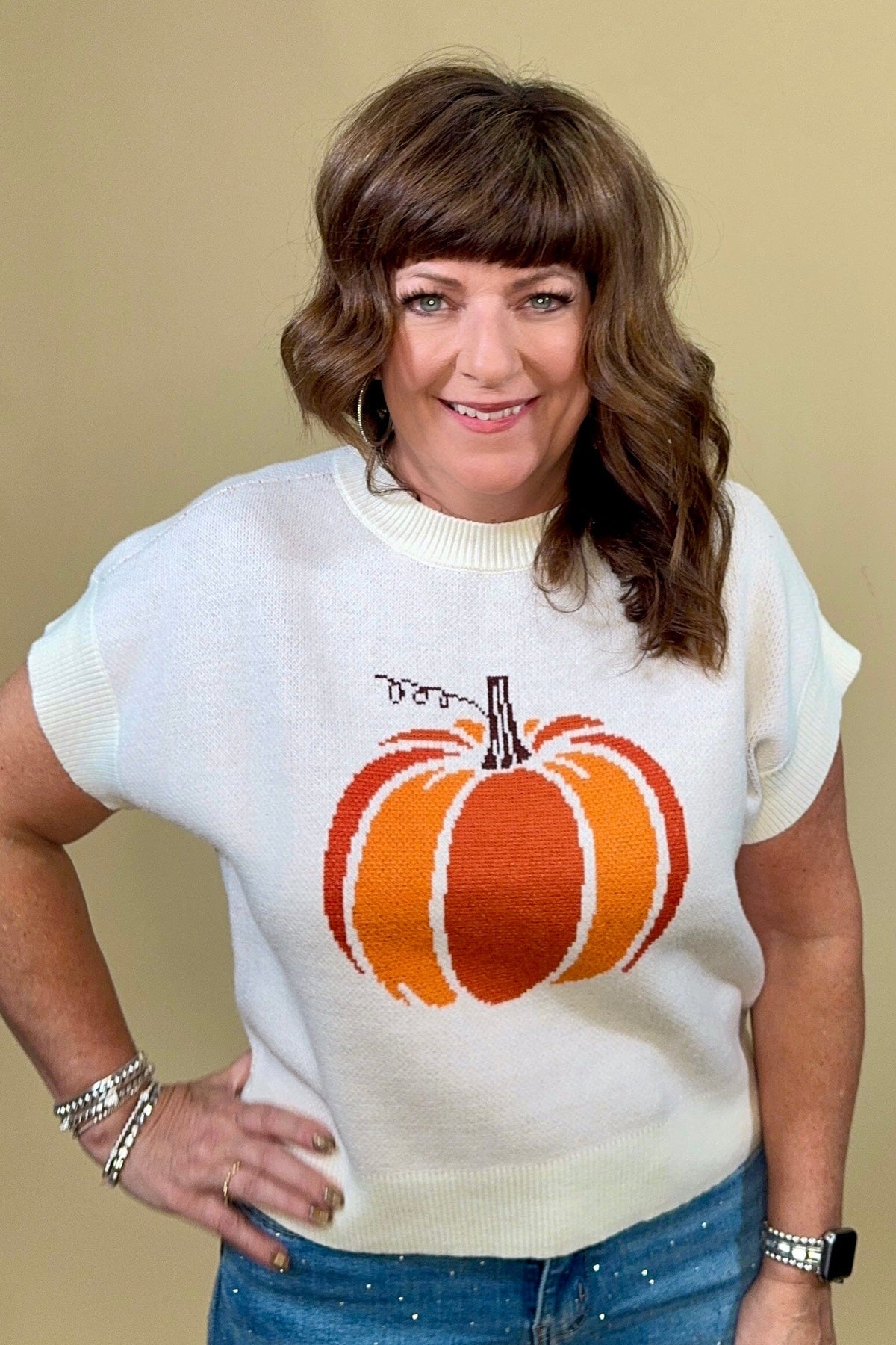 Short Sleeve Pumpkin Sweater Top JRTOP CASUAL TOP:~~Unassigned~~ SHE&SKY 