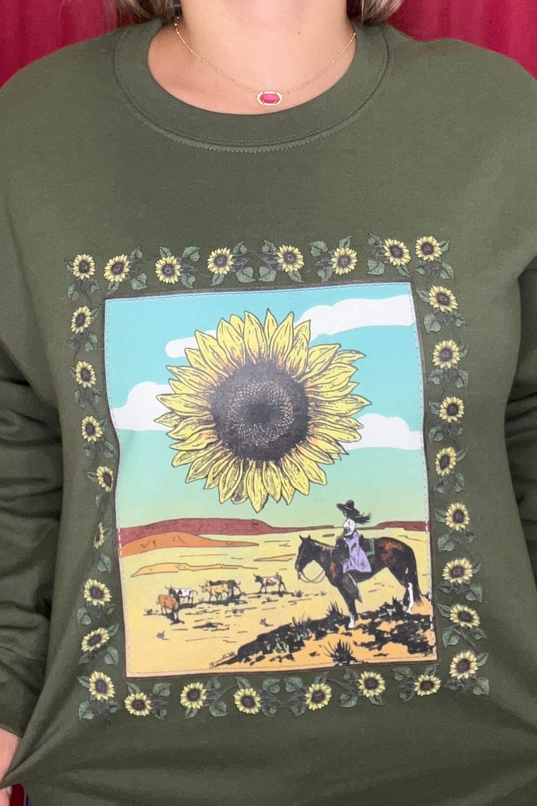 Long Sleeve Crew Neck Sweatshirt w/Sunflowers/Cowgirl MISSY BASIC KNIT STERLINGKREEK 