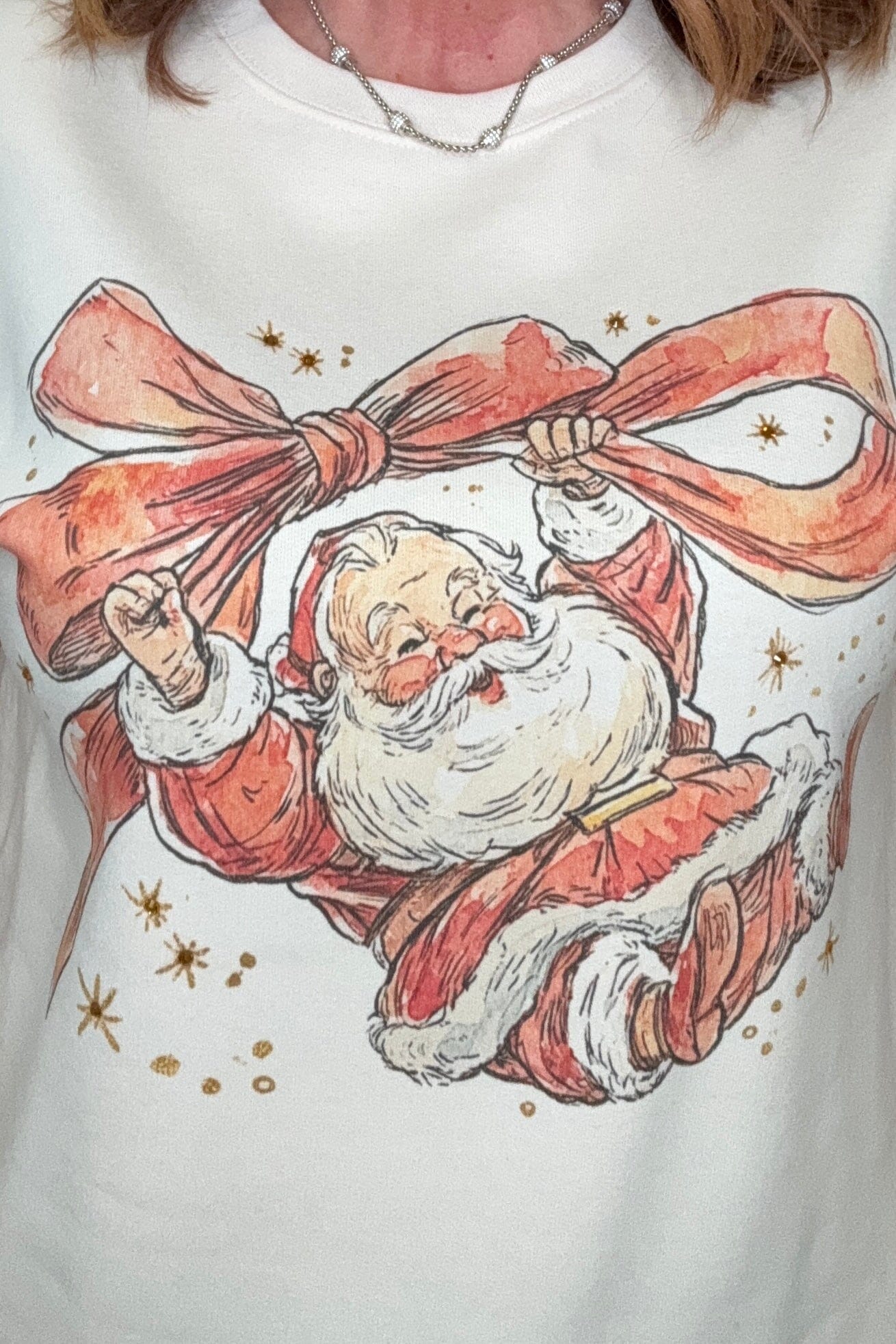 Santa Holding a Bow Sweatshirt MISSY BASIC KNIT SUGAR STITCH 