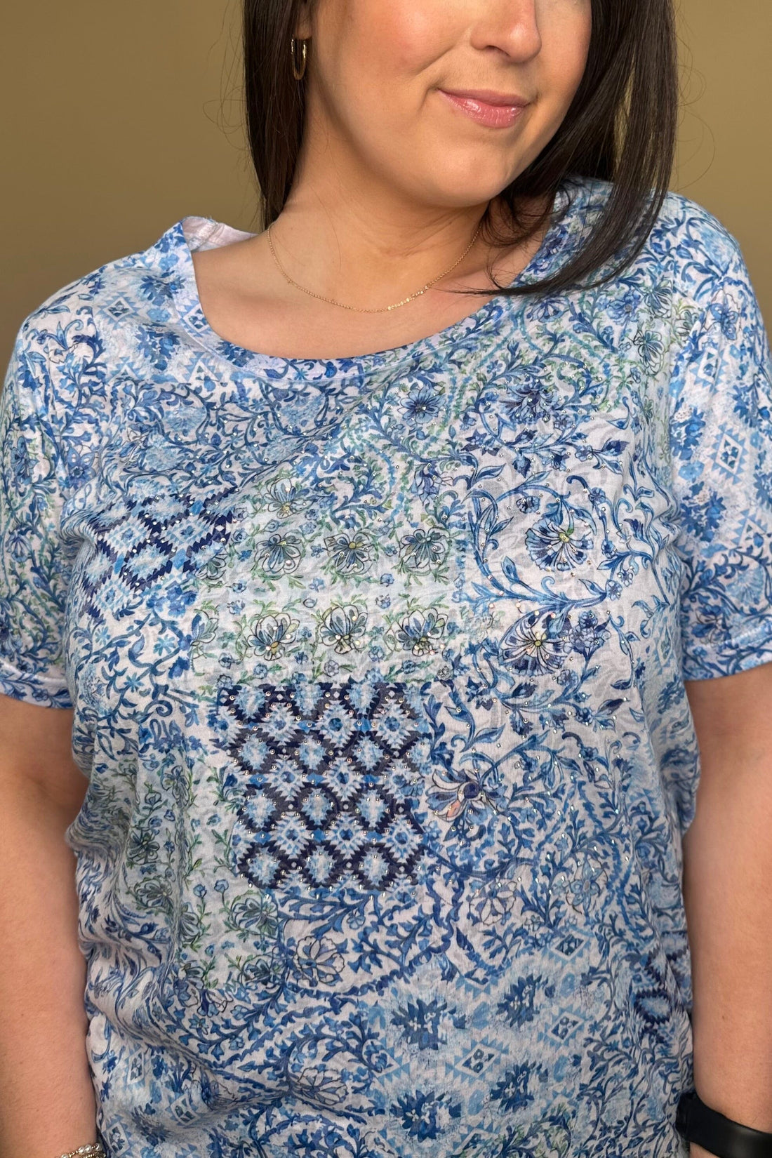 Short Sleeve Printed Tee w/Rhinestones MISSY TOP SPECIAL CREATION 