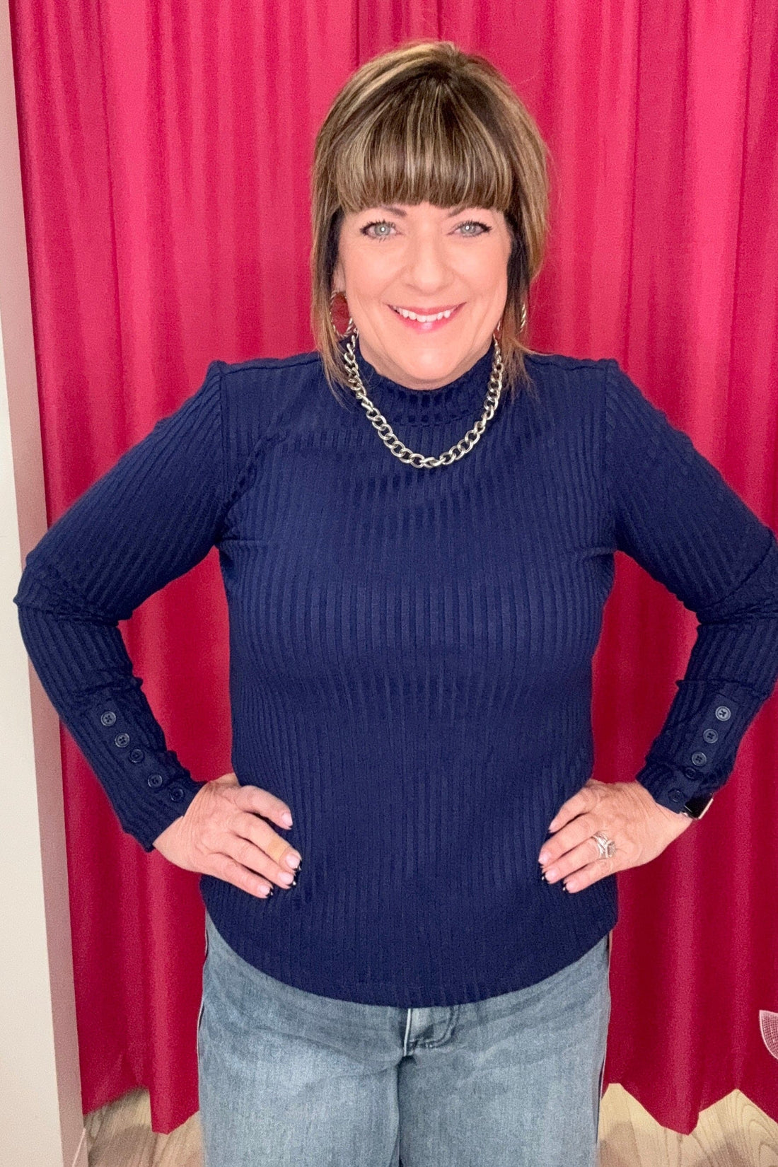 Long Sleeve Mock Neck Knit Top w/Button MISSY BASIC KNIT LIVERPOOL NAVYDUSK XS 