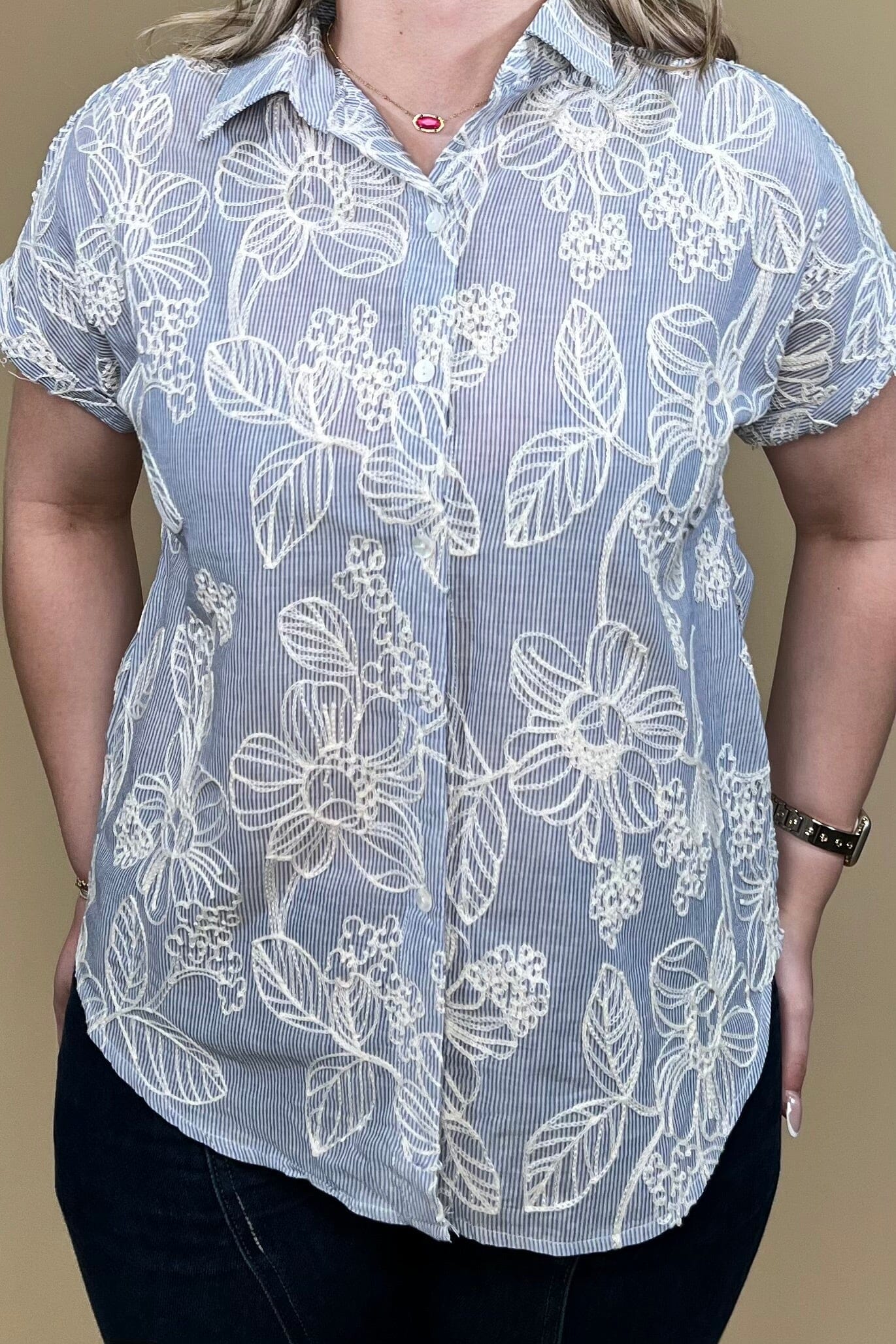 Short Sleeve Collared Button Down w/Stitching MISSY TOP SPECIAL CREATION 