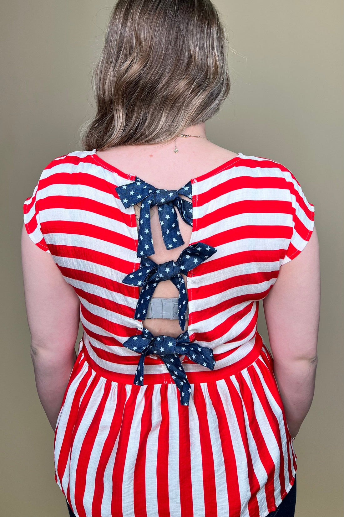 Drop Shoulder Woven Striped Top w/Back Bow Ties JRTOP CASUAL TOP SHE&amp;SKY 