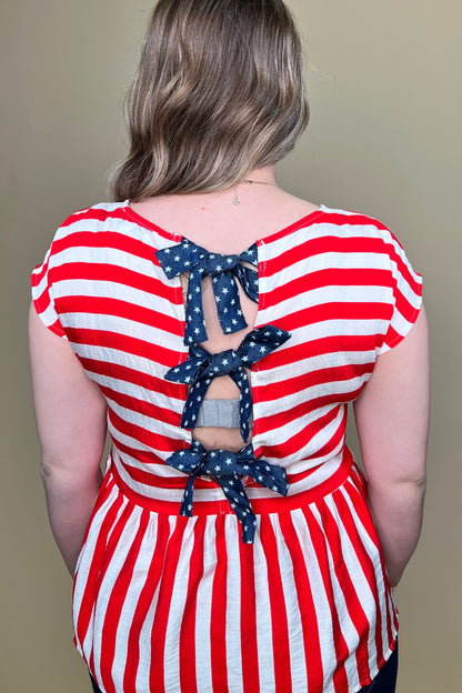 Drop Shoulder Woven Striped Top w/Back Bow Ties JRTOP CASUAL TOP SHE&amp;SKY 