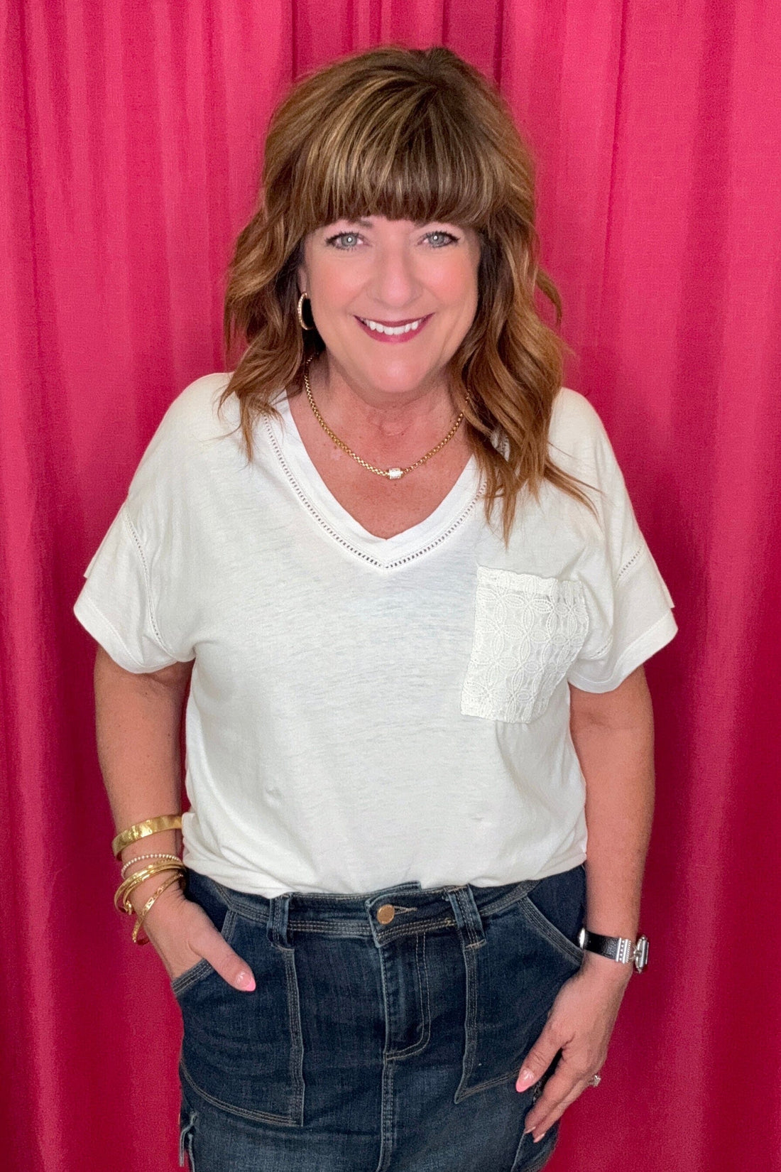 Short Sleeve V-Neck Top w/Ladder Tape MISSY TOP SPECIAL TRIBAL WHT XS