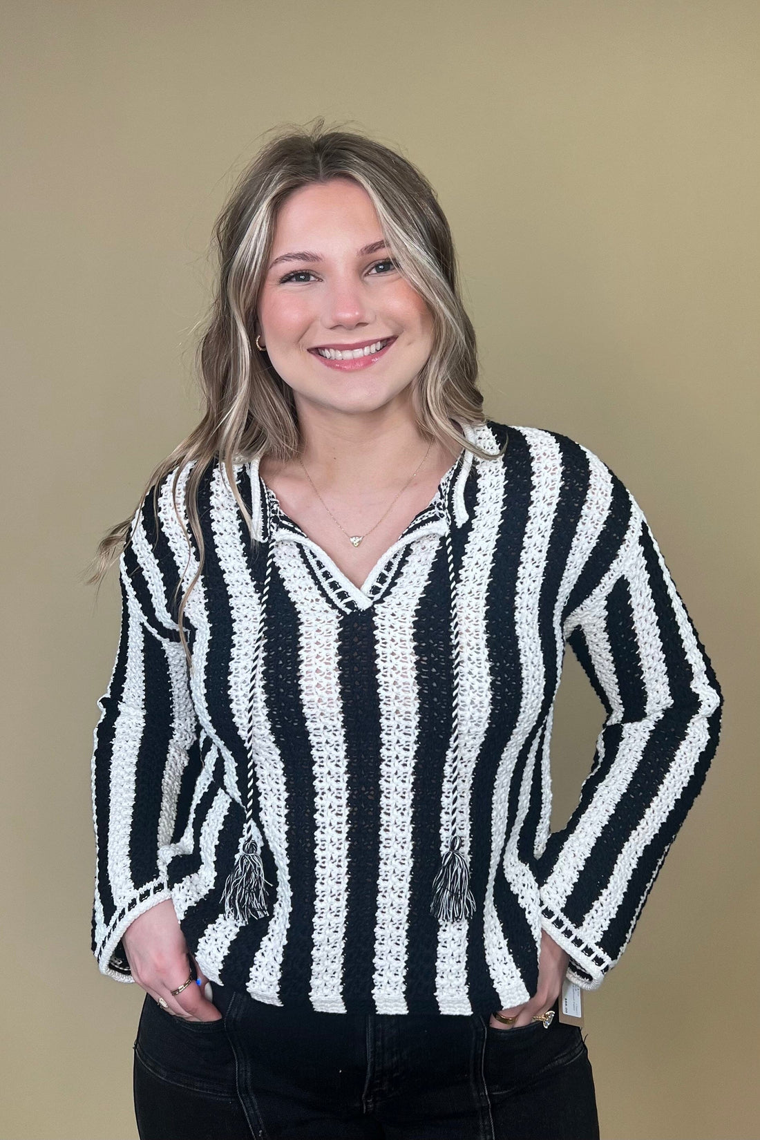 Long Sleeve Notch Collar Striped Sweater SWEATER TRIBAL 