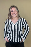Long Sleeve Notch Collar Striped Sweater SWEATER TRIBAL 