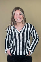 Long Sleeve Notch Collar Striped Sweater SWEATER TRIBAL 