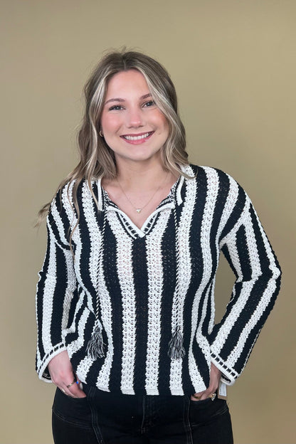 Long Sleeve Notch Collar Striped Sweater SWEATER TRIBAL 