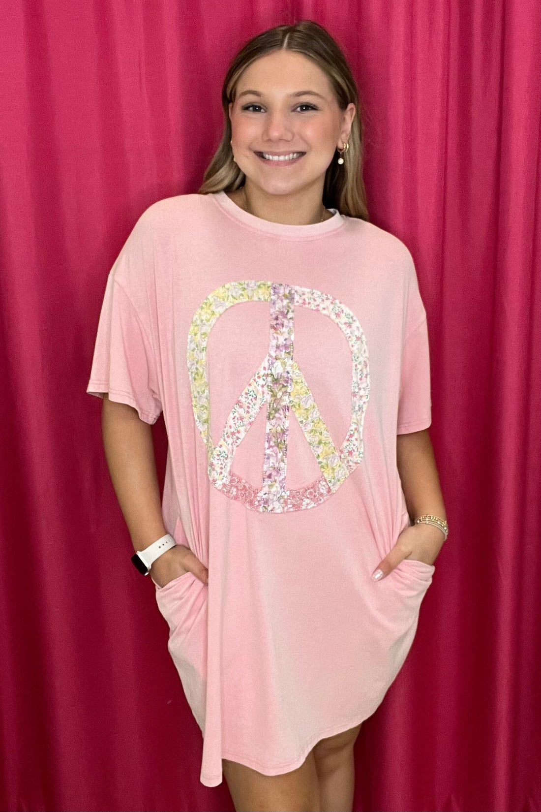 Peace Flower Print Patched Short Sleeve Tunic JRTOP CASUAL TOP BLUEVELVET