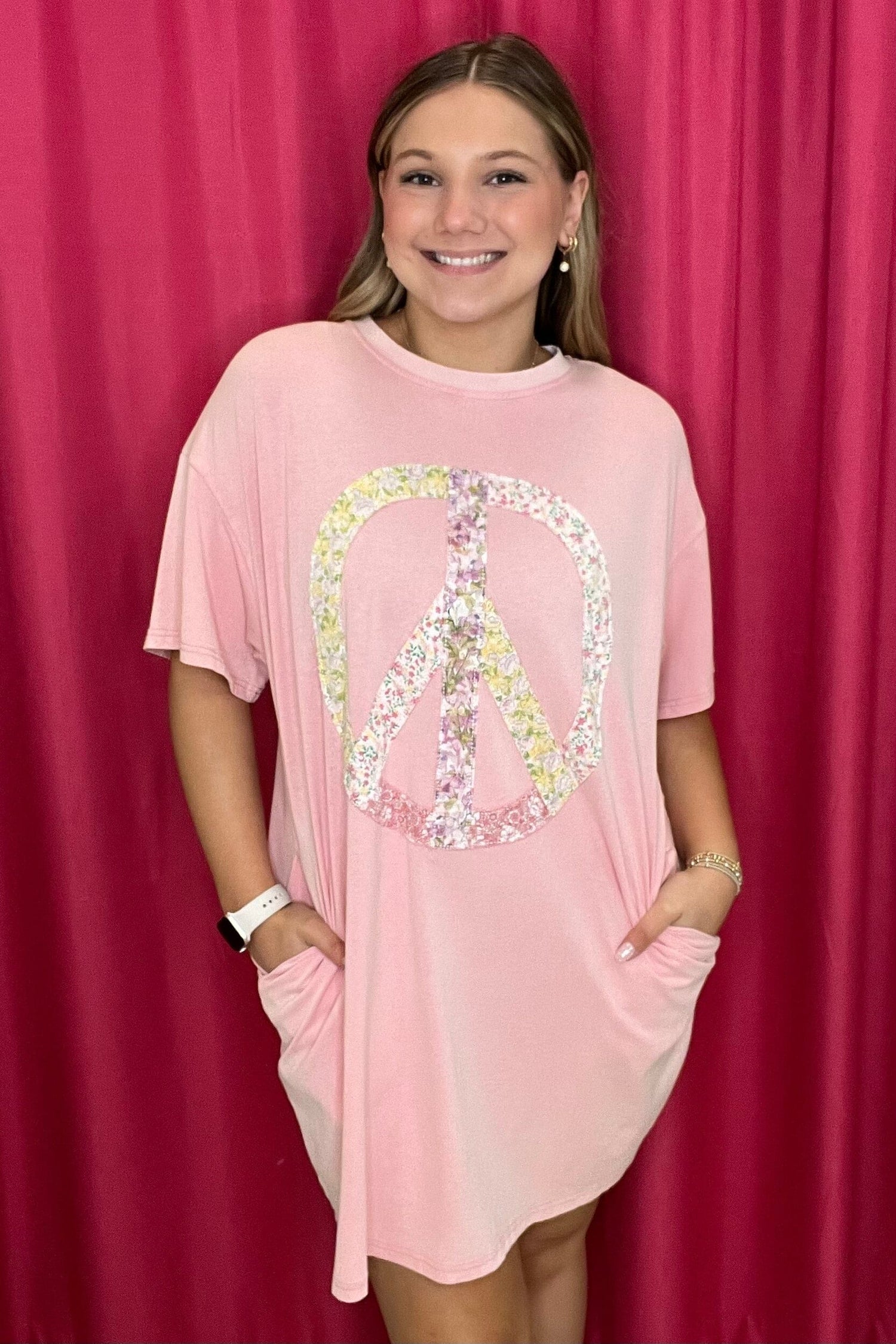 Peace Flower Print Patched Short Sleeve Tunic JRTOP CASUAL TOP BLUEVELVET 