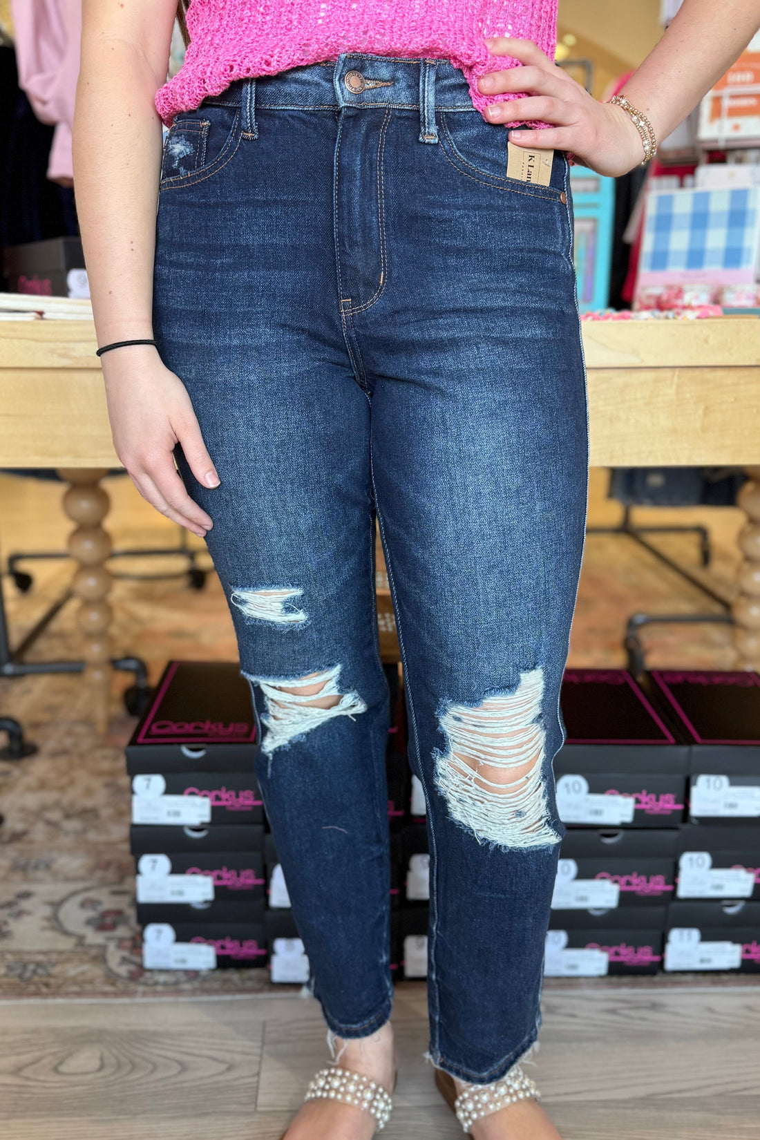 High Rise Rigid Front Stretch Back Distressed Straight Leg Jeans JEANS JUDY BLUE