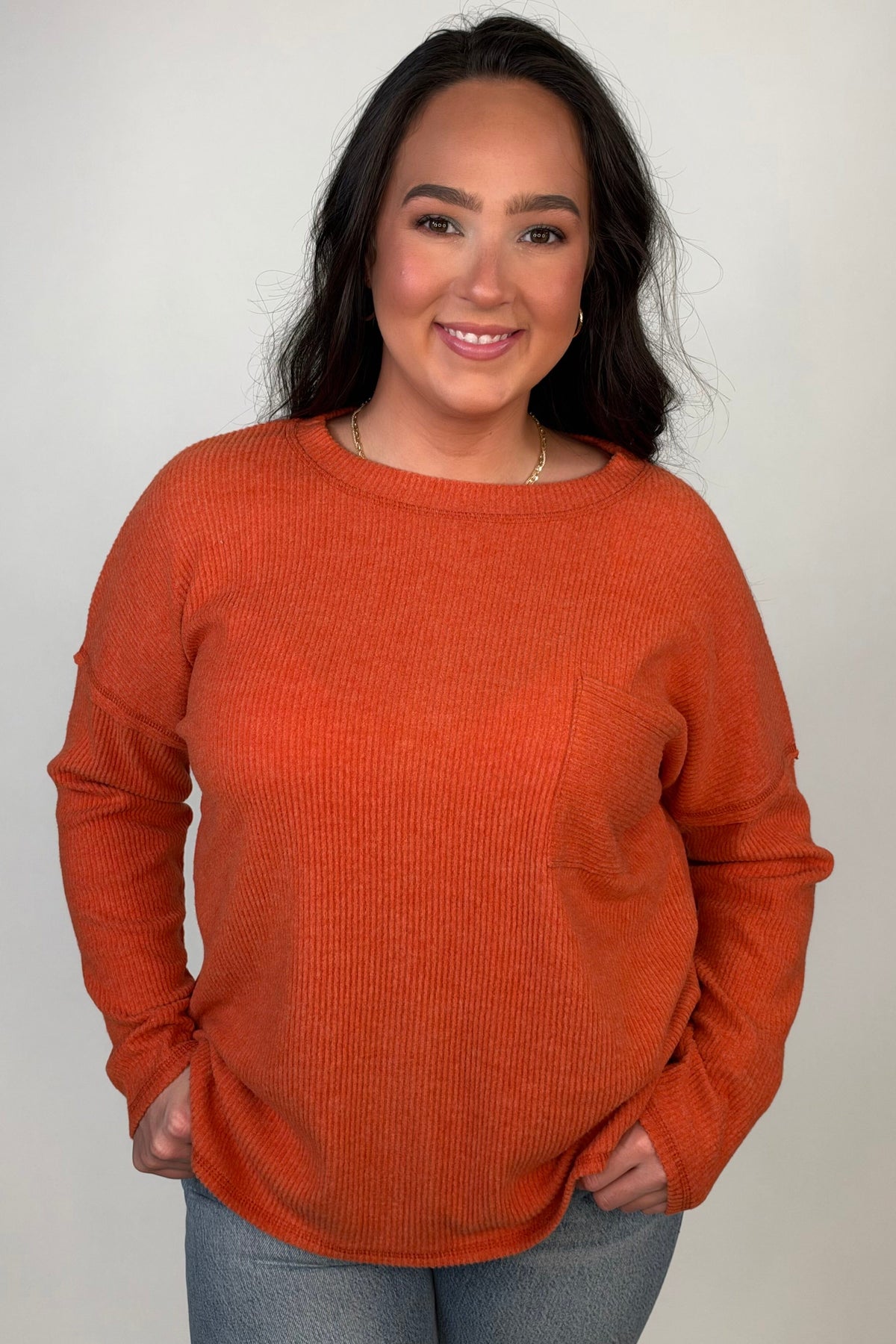 Ribbed Hacci Sweater w/ Pocket - Rust JRTOP CASUAL TOP:~~Unassigned~~ ZENANA 