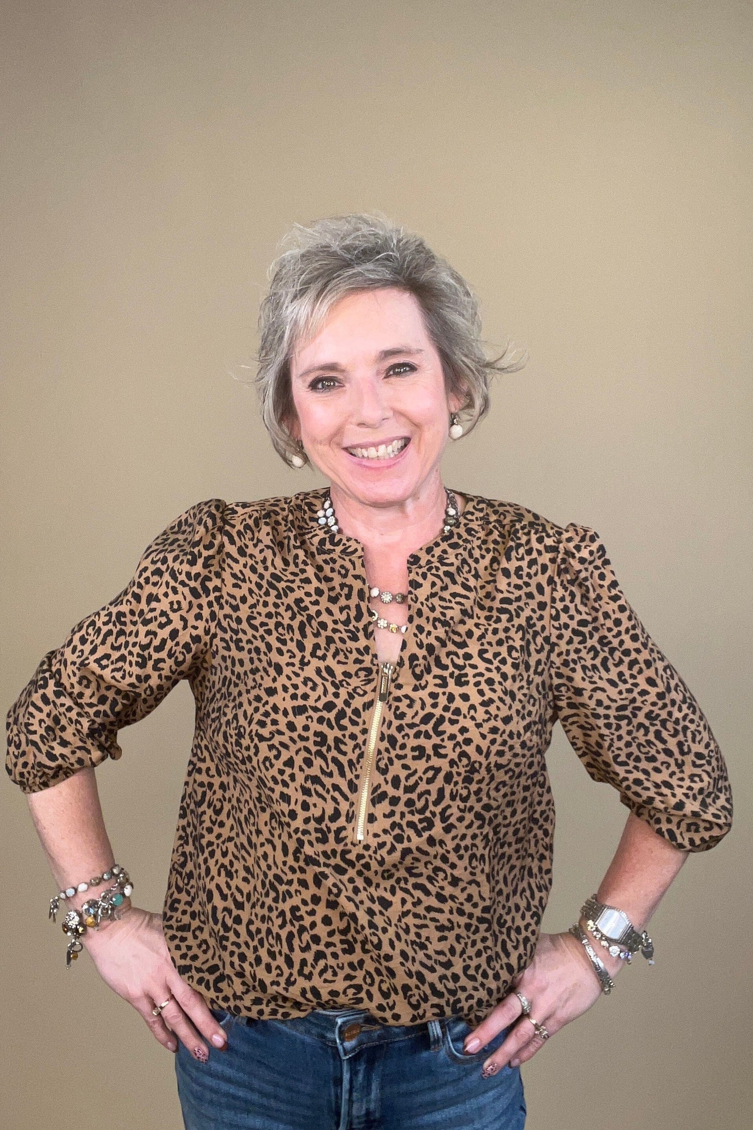 3/4 Sleeve Leopard Printed Top w/Zipper MISSY TOP SPECIAL ZAC &amp; RACHEL 