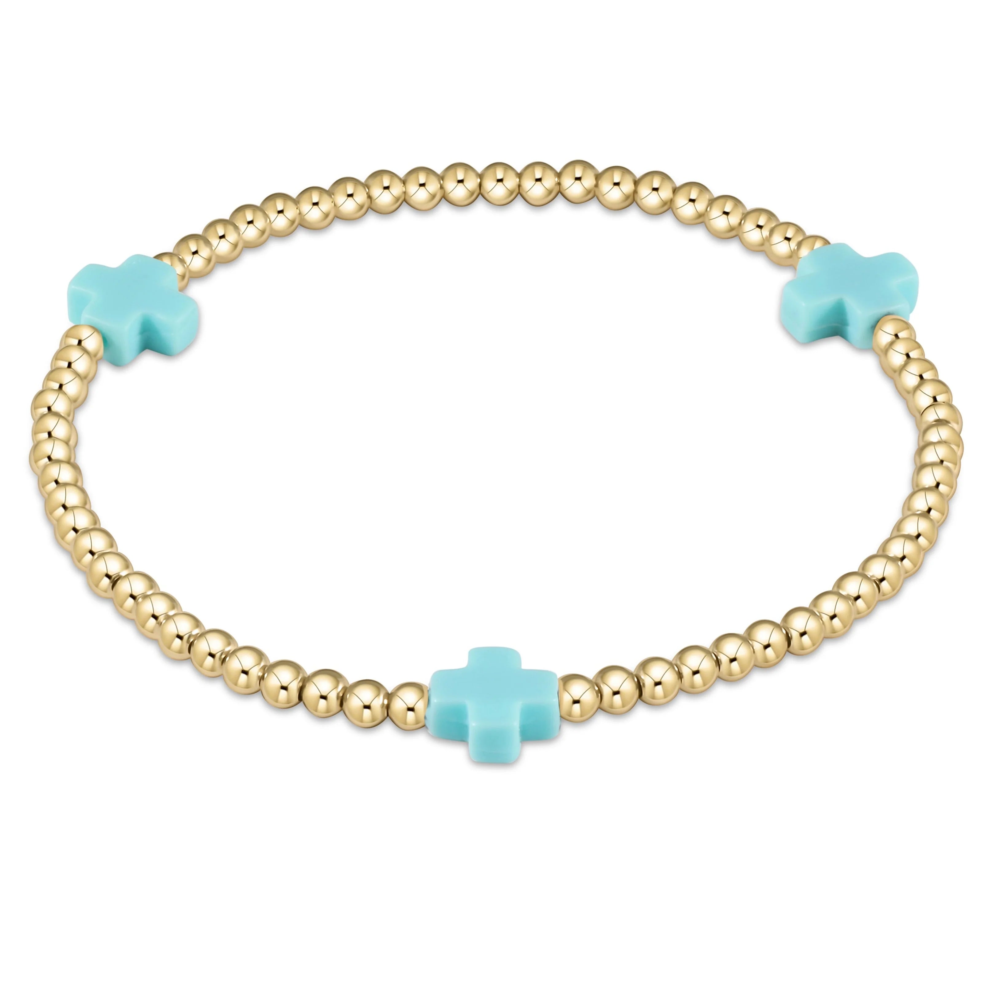Enewton Signature Cross Gold Pattern 3mm Bead Bracelet- Turquoise